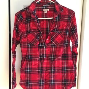 Red and navy half button flannel